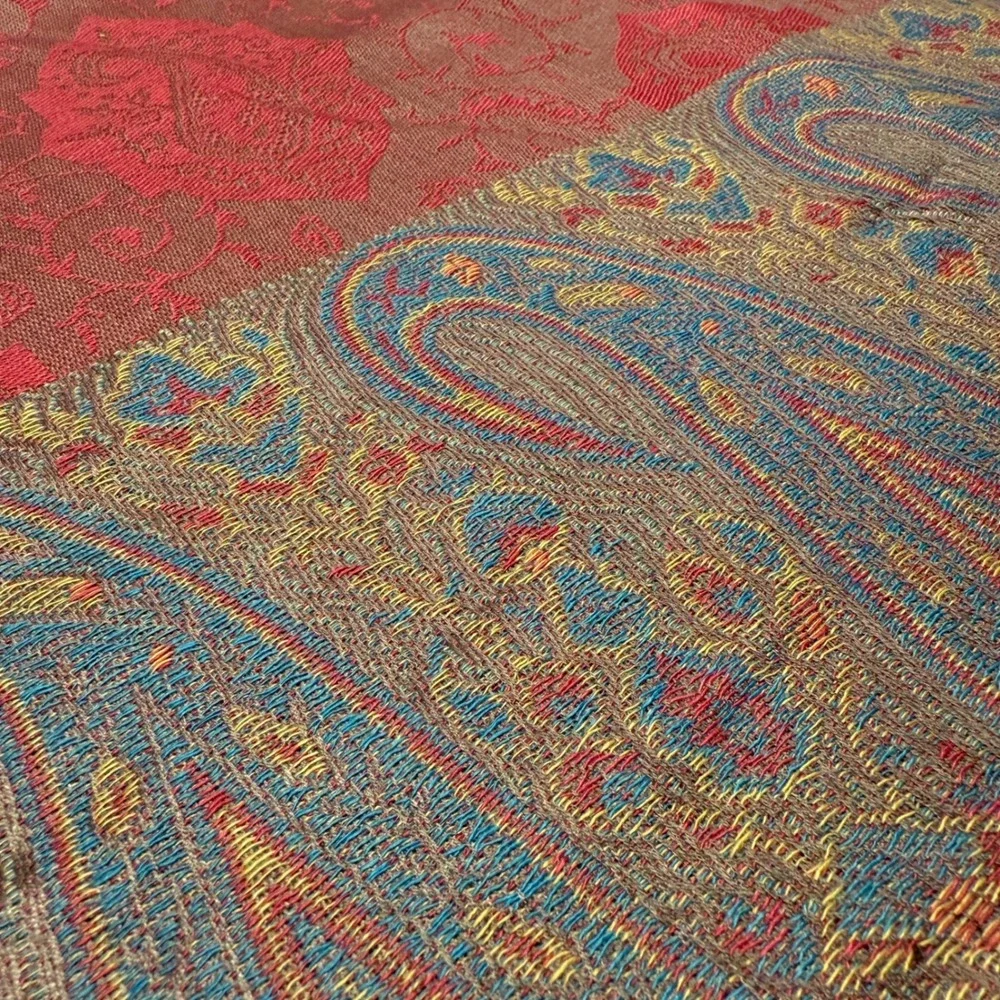 Paisley Shawl Scarf‎ Wrap Large Pink Blue Gold Metallic Fringe